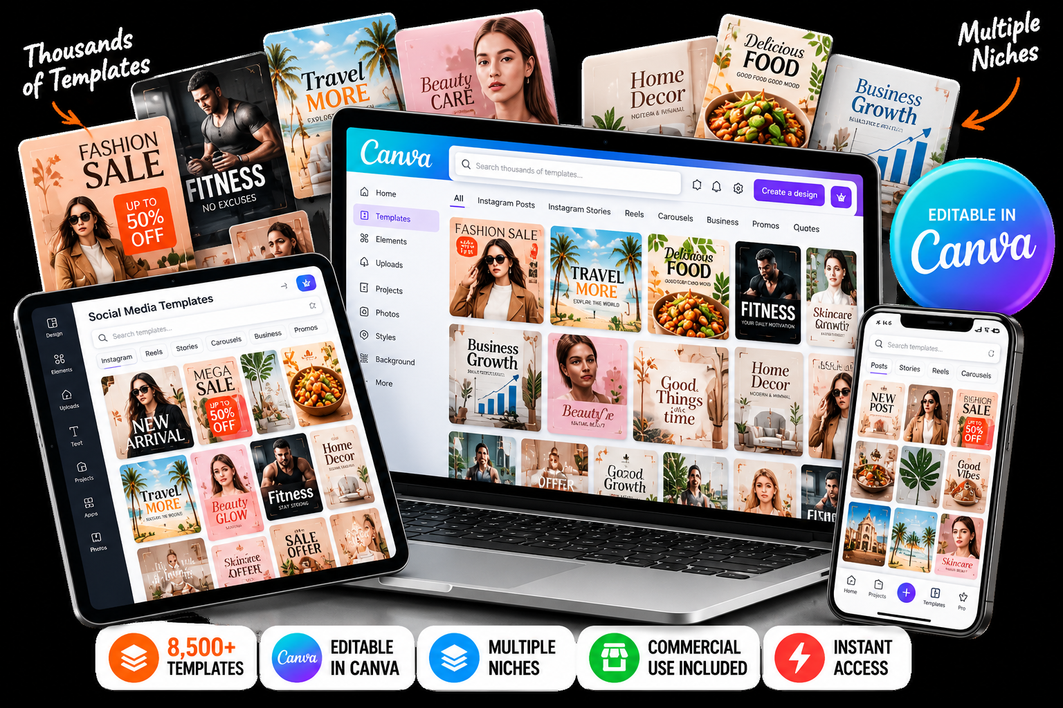 Social media template library on laptop and mobile